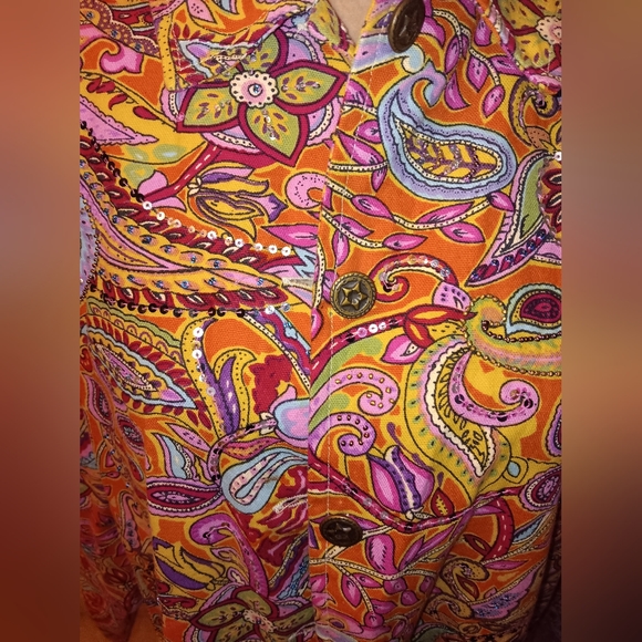 Coldwater Creek~Colorful Pink & Orange  Floral Paisley Sequin Beaded Jacket - Picture 14 of 15